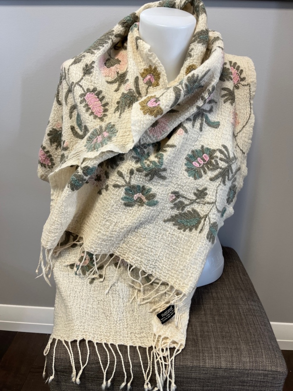 Natural Embroidered Floral Wool Scarf
